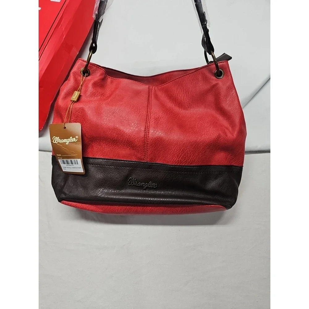Wrangler Vegan Leather Hobo Bag Women's Top Handle Shoulder‎ Purse Red Brown NWT